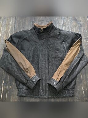 Vintage Byrnes Baker Bomber Jacket Mens M 90s Black Leather Brown Lined Biker